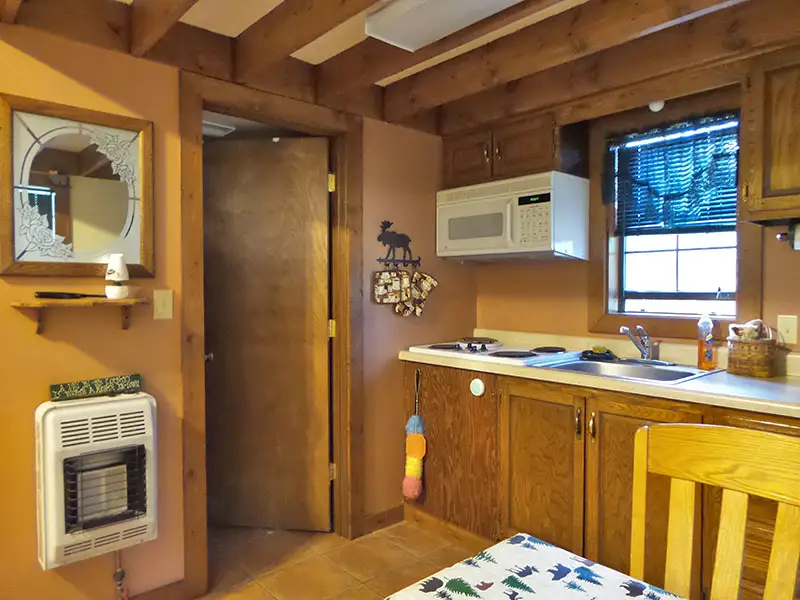Rustic cabin kitchen interior with wood cabinets, microwave, electric cooktop, sink under window, propane wall heater