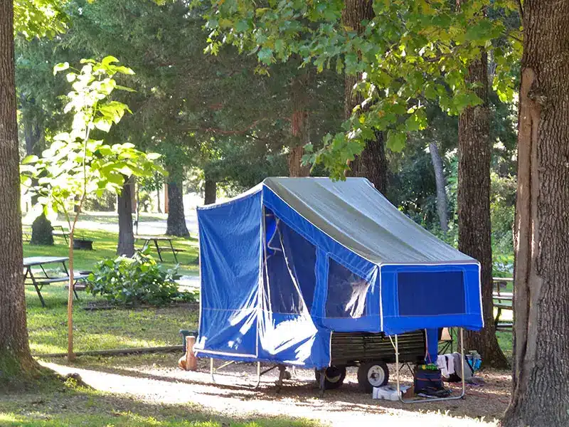 Blue pop-up tent trailer set up on a shaded wooded campsite with picnic tables visible in the background.